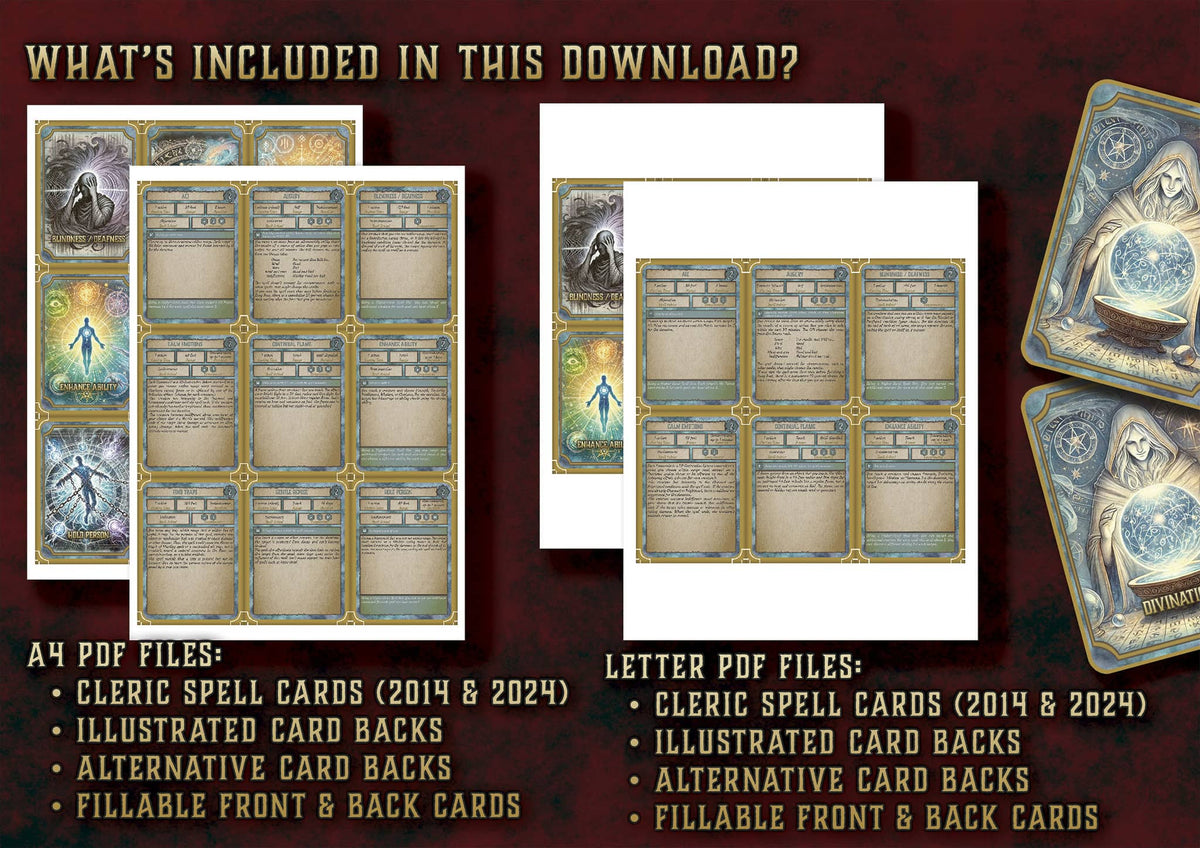 Cartas Ilustradas Conjuros Clerigo D&D 5E 2024 para PDF en formato A4 y carta