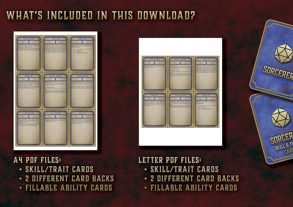 Cartas Habilidades Hechicero D&D 5E 2023 con espacios llenables y diferentes diseños de respaldo
