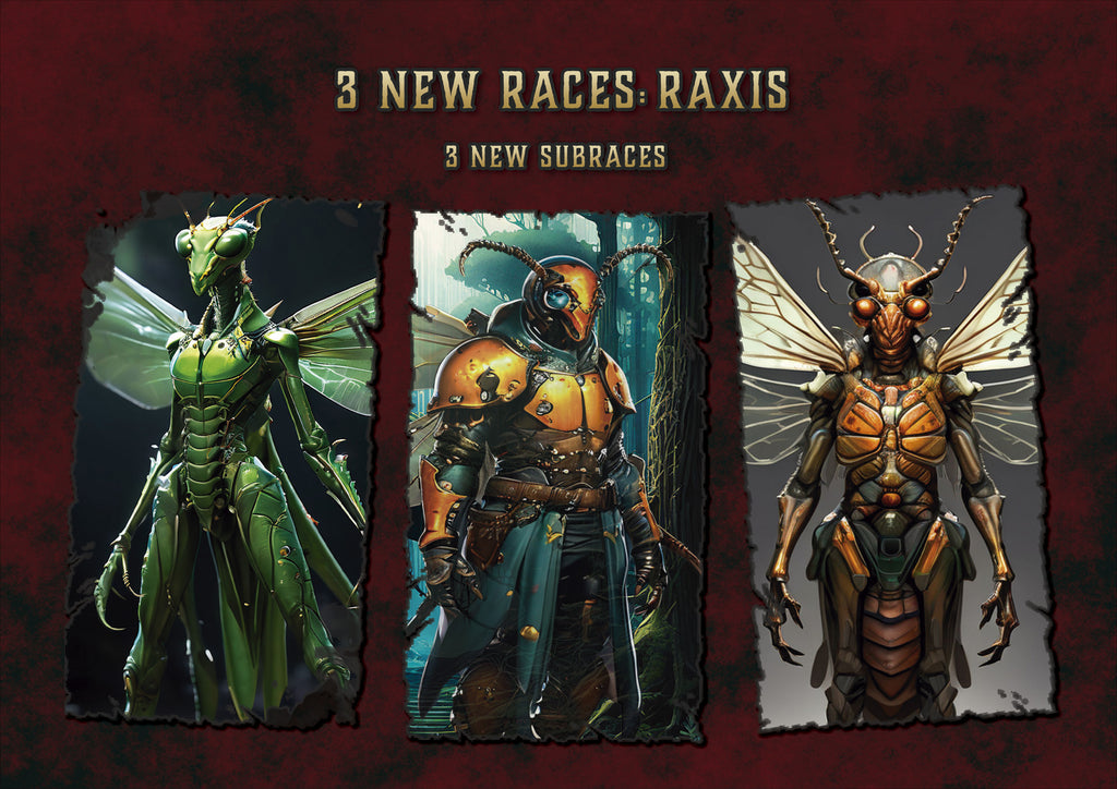 Producto digital de Cibola Designs tres razas Raxis insectoides humanoides con armaduras variadas