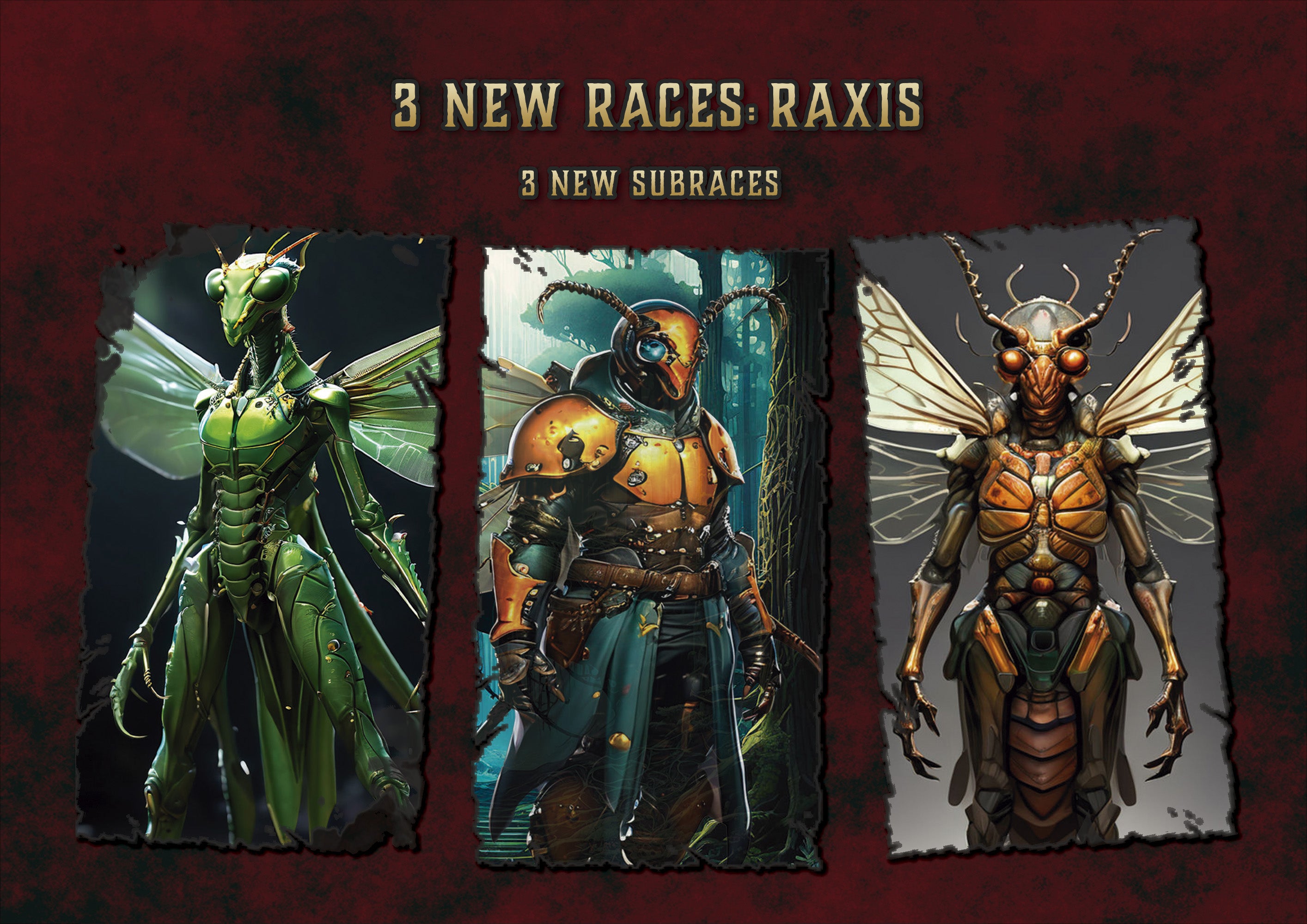 Producto digital de Cibola Designs tres razas Raxis insectoides humanoides con armaduras variadas