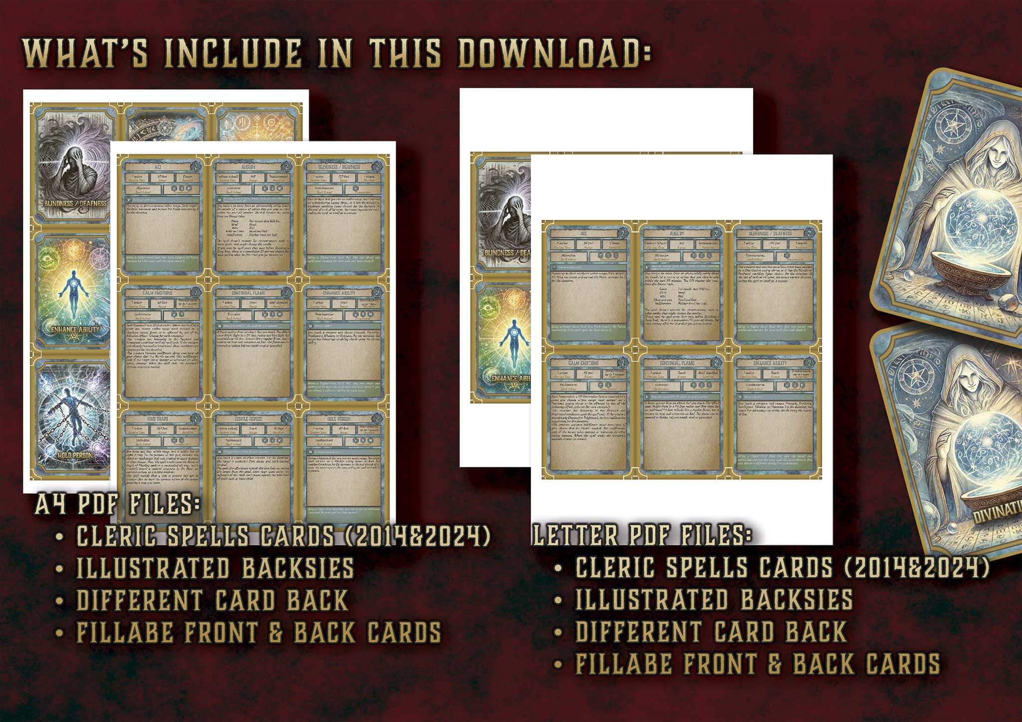 D&D 5E Cleric Illustrated Spell Cards (2014 & 2024) | Digital Download