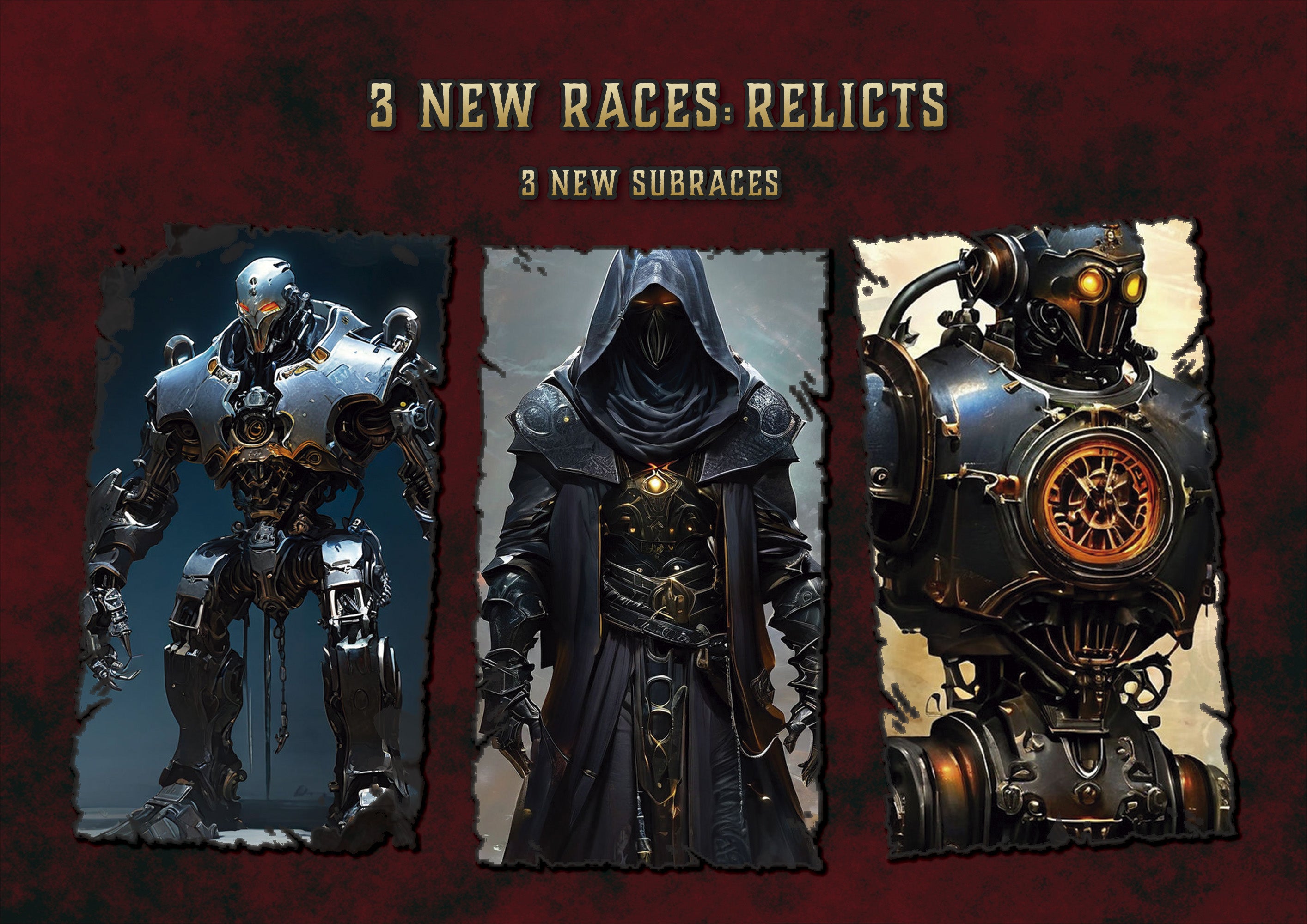 Producto digital Cibola Designs portada con tres nuevas razas relictos automata de acero hechicero encapuchado y robot steampunk