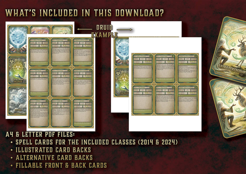 Pack Cartas Ilustradas Conjuros D&D 5E 2024 con tarjetas de hechizos y diseños alternativos