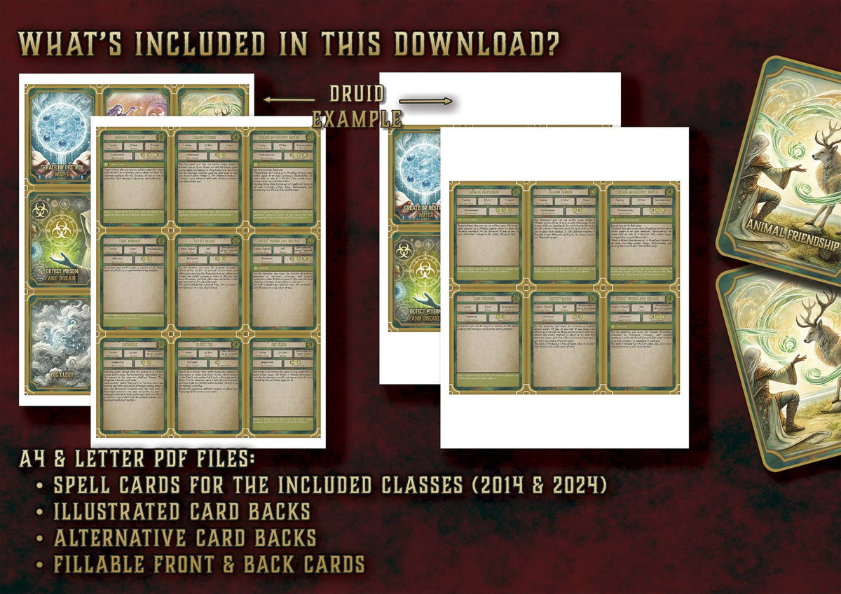 Pack Cartas Ilustradas Conjuros D&D 5E 2024 con tarjetas de hechizos y diseños alternativos