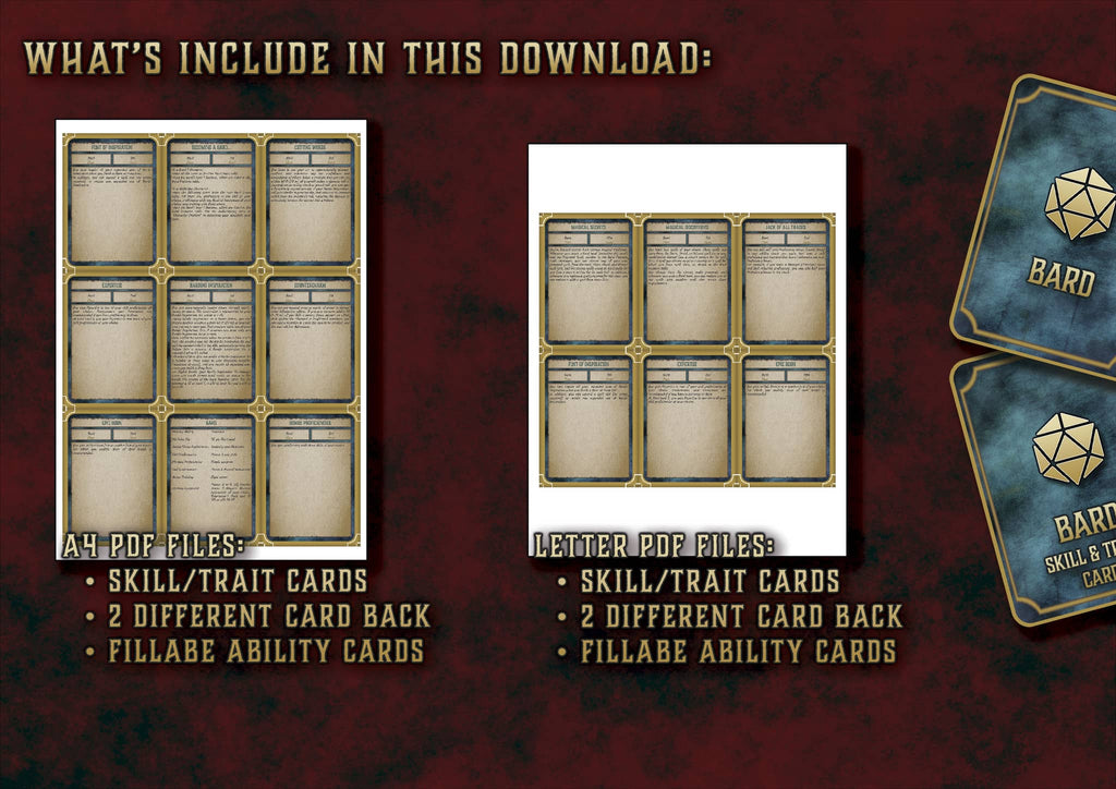 Cartas de Rasgos y Habilidades del Bardo D&D 5E (2014 y 2024) | Descarga Digital