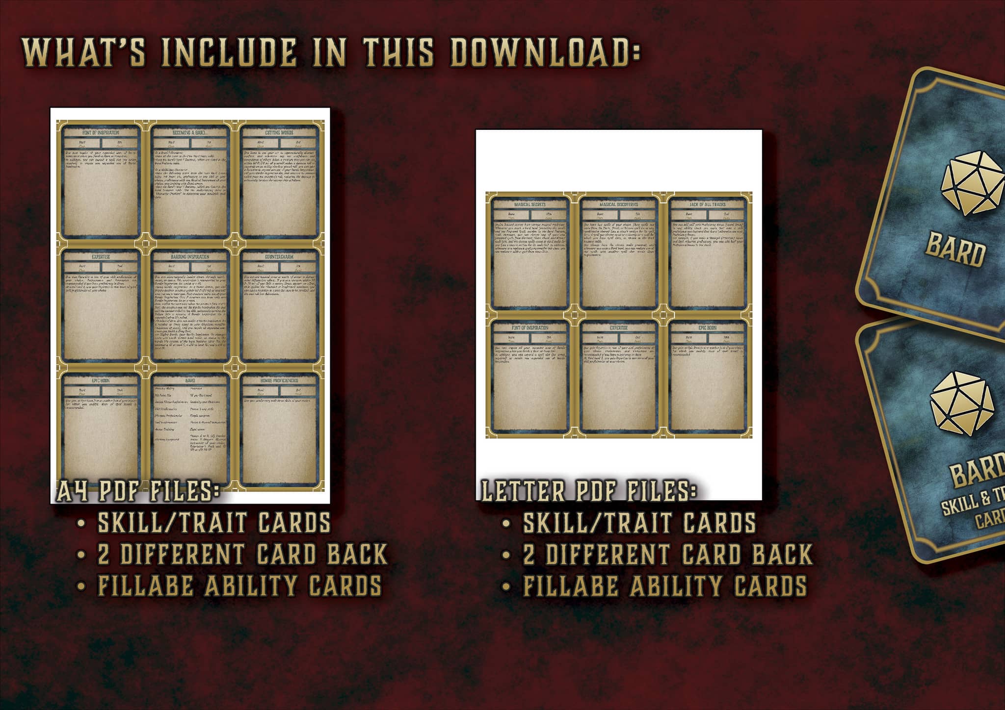 D&D 5E Bard Skill & Traits Cards (2014 & 2024) | Digital Download