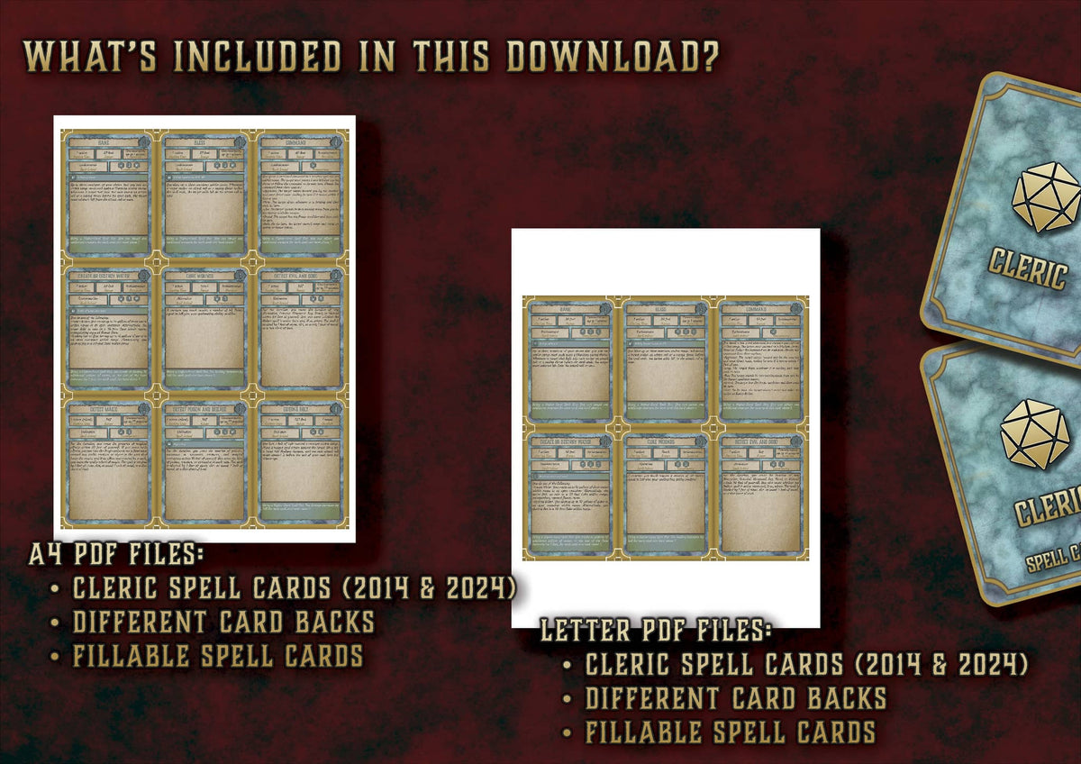 Producto digital Cartas Conjuros Clerigo D&D 5E con archivos PDF para personajes en 2014 y 2024