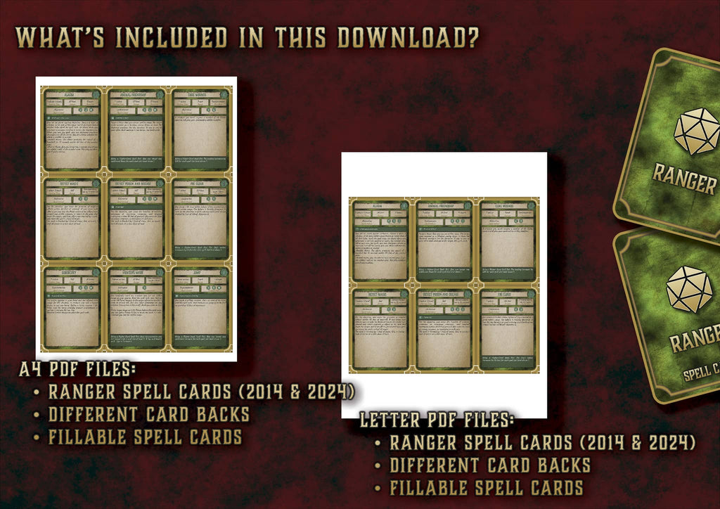 Cartas Conjuros Explorador para D&D 5E con diseños rellenables y reversos variados