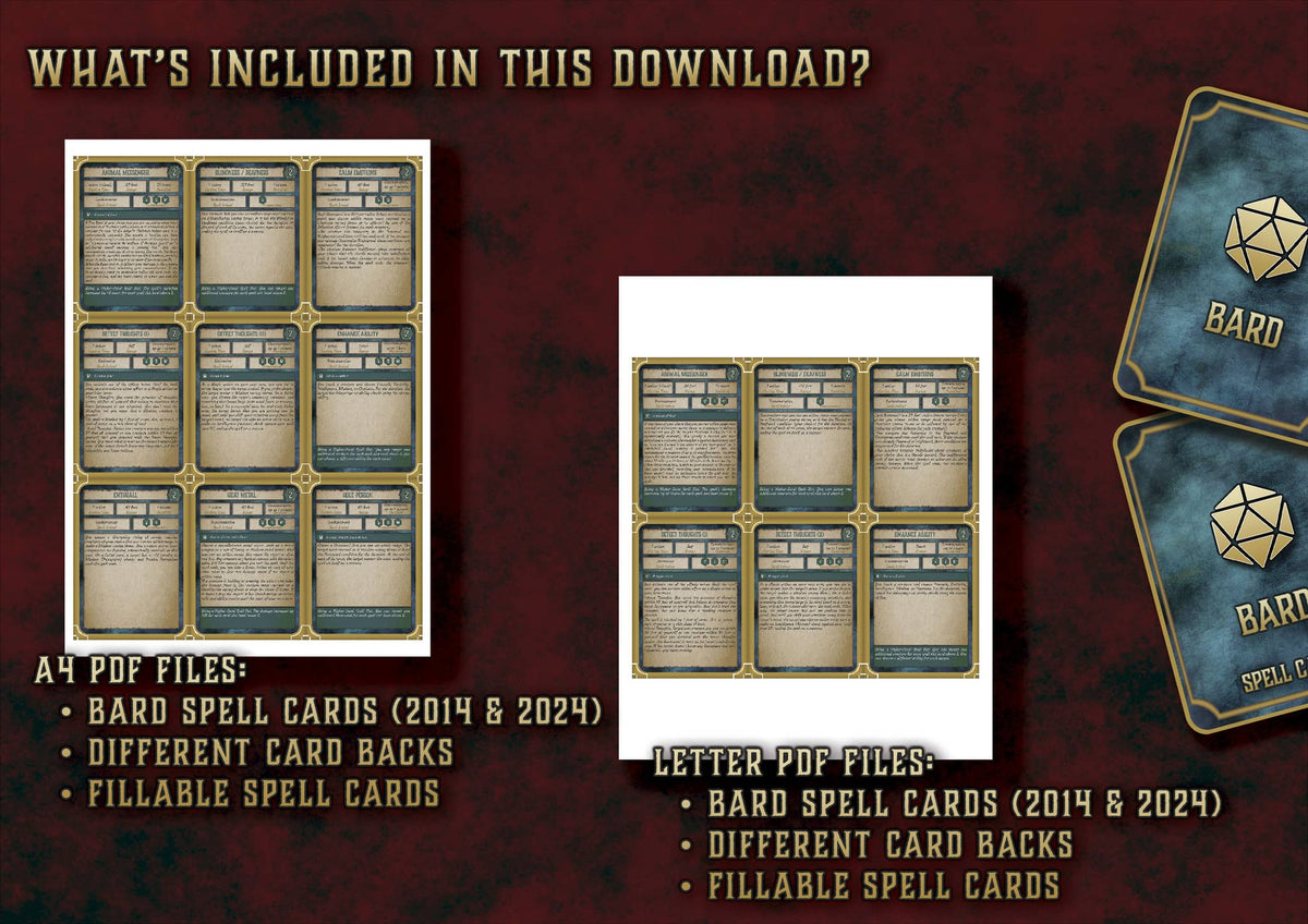Cartas Conjuros Bardo D&D 5E con diseños para 2014 y 2024 en formato PDF