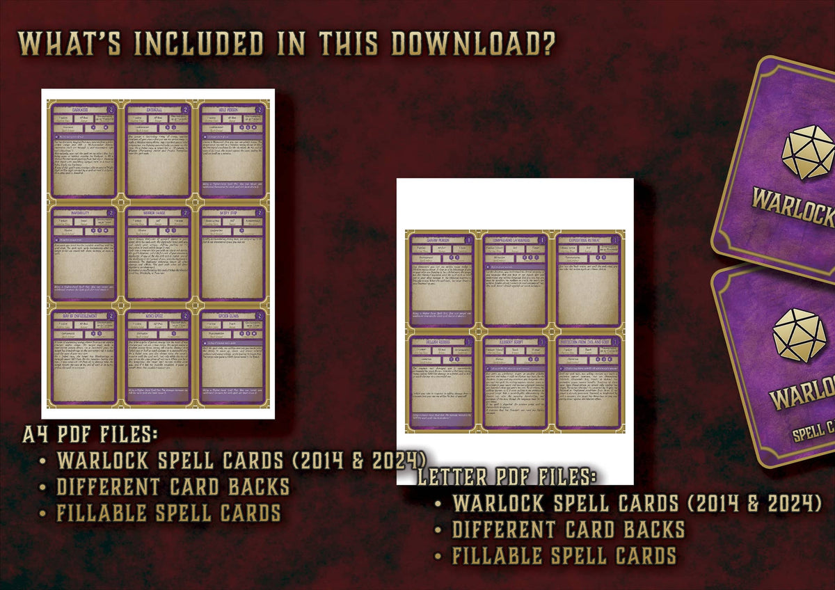 Producto digital Cartas Conjuros Brujo D&D 5E 2024 con diseños imprimibles y diferentes versiones