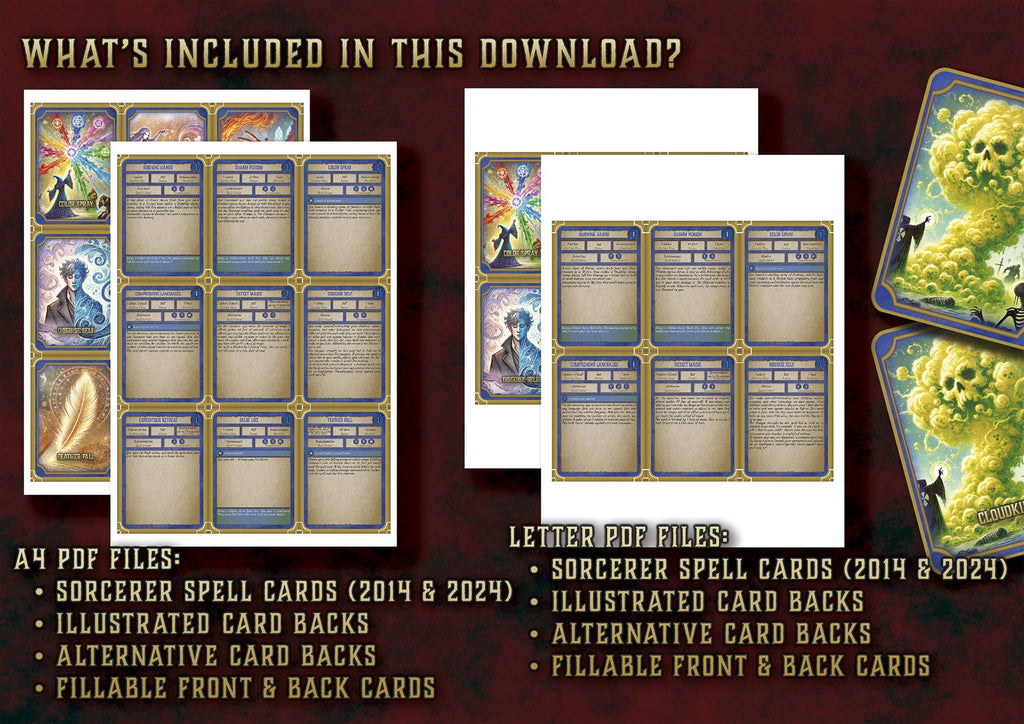 Cartas Ilustradas Conjuros Hechicero D&D 5E 2024 con diseños personalizables para juegos