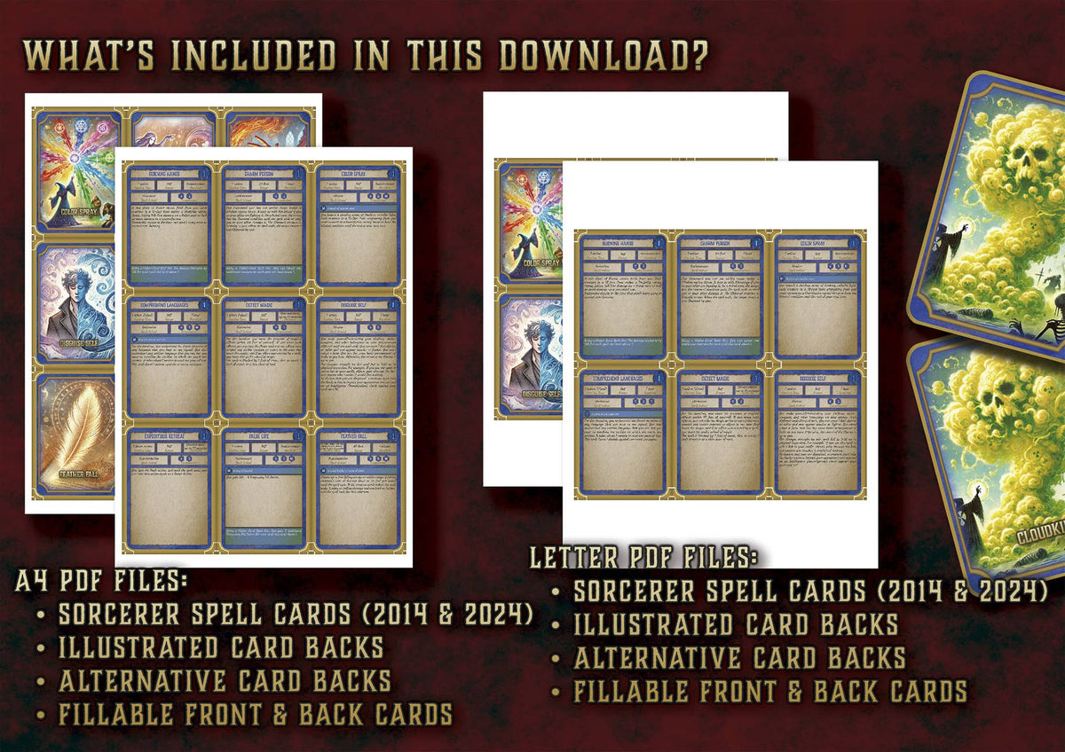 Cartas Ilustradas Conjuros Hechicero D&D 5E 2024 con diseños personalizables para juegos