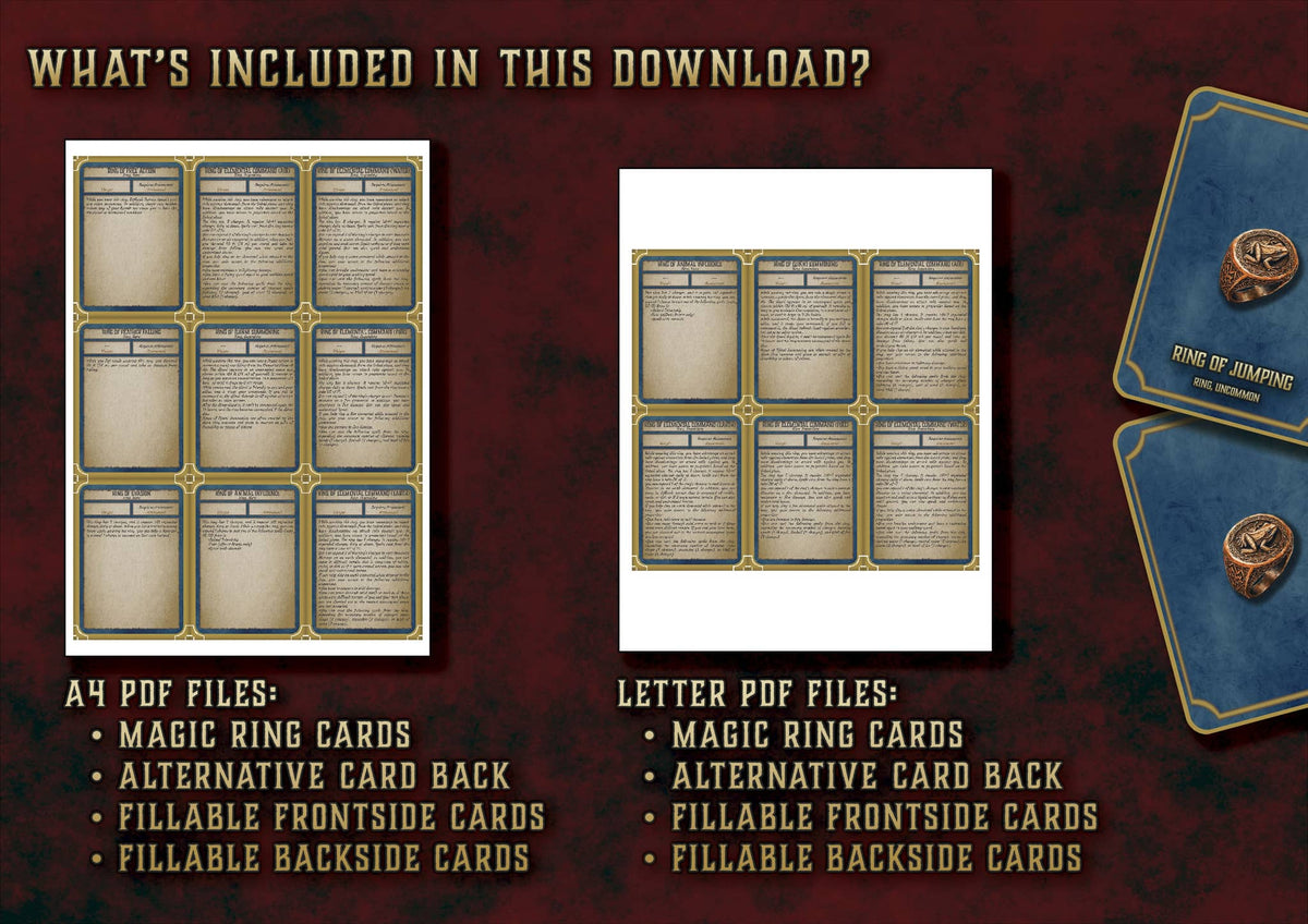 Cartas Anillos Magicos para D&D 5E con archivos PDF A4 y carta para imprimir y llenar