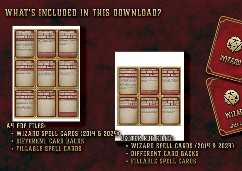 Cartas Conjuros Mago D&D 5E A4 y Carta en formato PDF 2014 y 2024