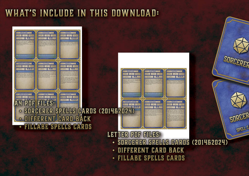 Cartas de Conjuros de Hechicero D&D 5E (2014 y 2024) | Descarga Digital