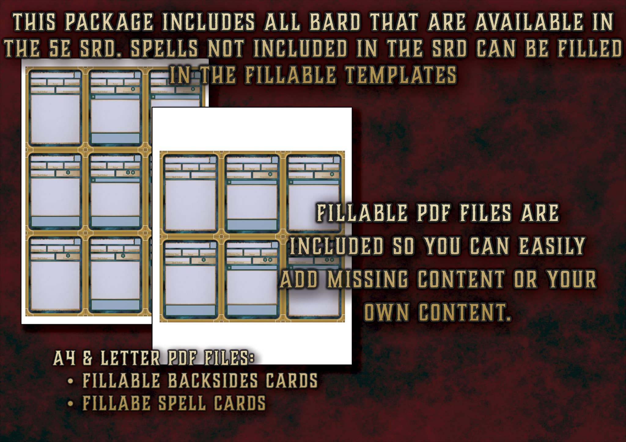 Cartas Ilustradas de Conjuros de Bardo D&D 5E (2014 y 2024) | Descarga Digital
