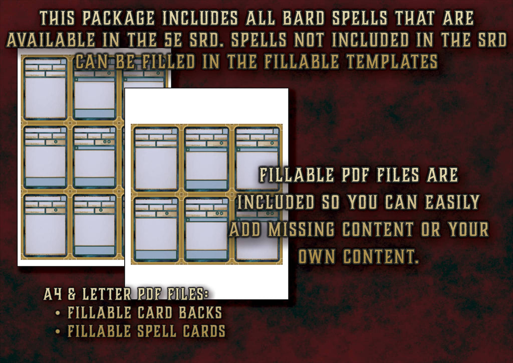 Cartas Ilustradas de Conjuros de Bardo D&D 5E (2014 y 2024) | Descarga Digital