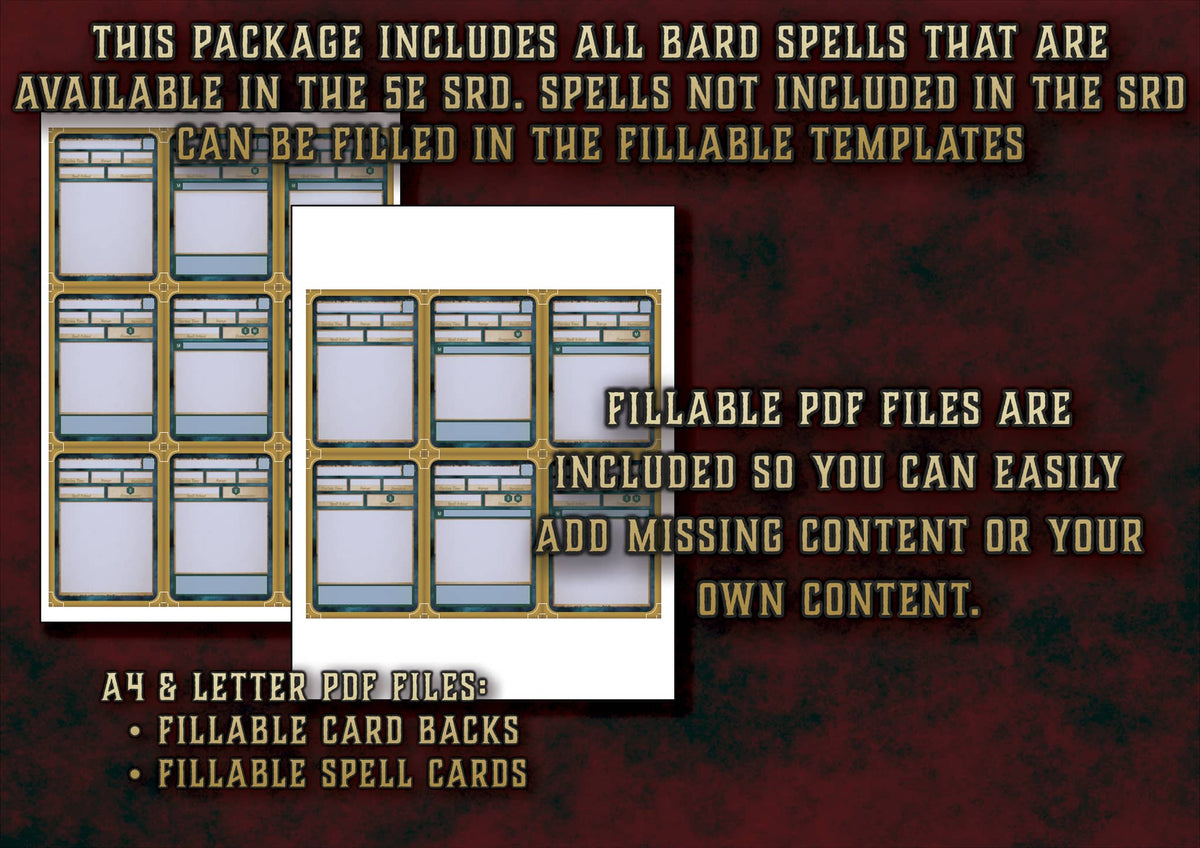 Cartas Ilustradas de Conjuros de Bardo D&D 5E (2014 y 2024) | Descarga Digital