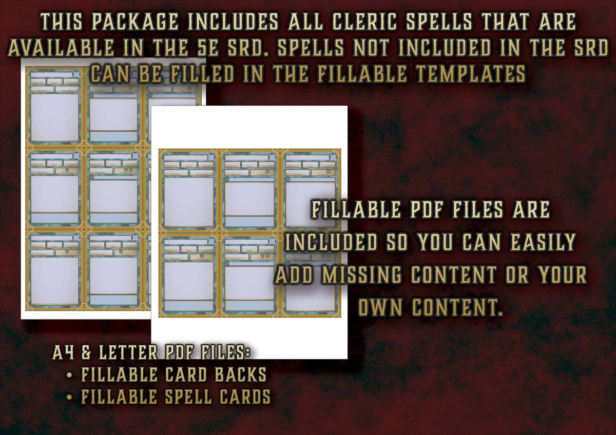 Cartas Ilustradas Conjuros Clerigo D&D 5E con plantillas rellenables y archivos PDF para añadir contenido