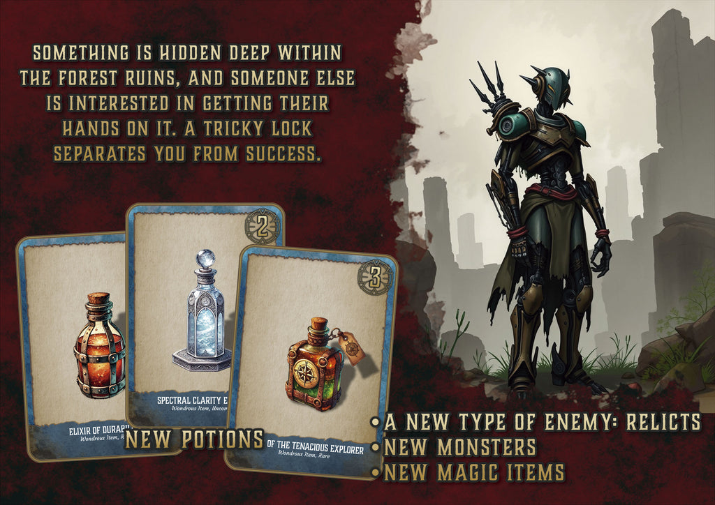 Imagen promocional de producto digital de Cibola Designs con cartas de pociones y enemigo relicto en ruinas boscosas para aventura