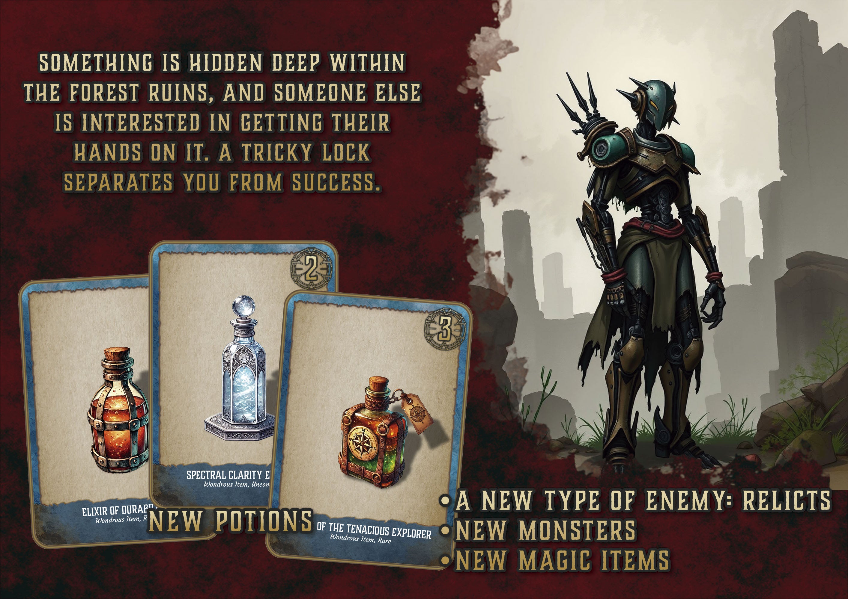 Imagen promocional de producto digital de Cibola Designs con cartas de pociones y enemigo relicto en ruinas boscosas para aventura