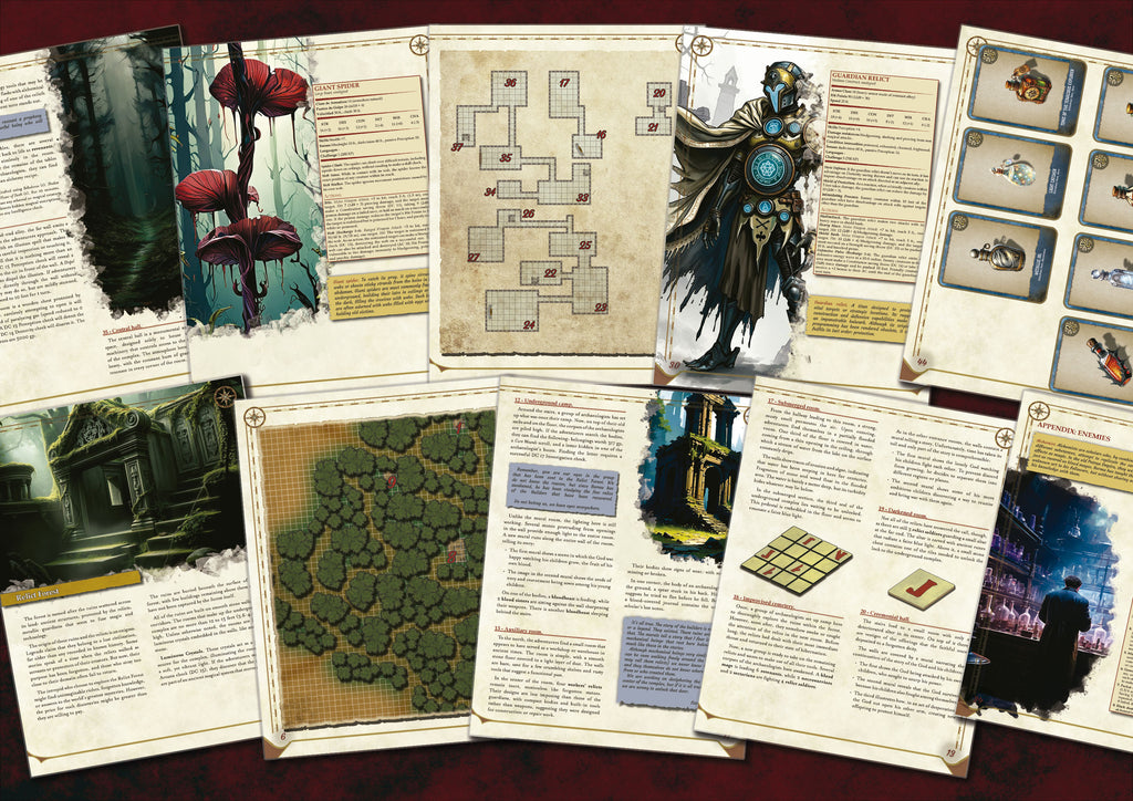 Manuales y mapas de fantasia para juego de rol de Cibola Designs con ilustraciones personajes y fichas de aventura