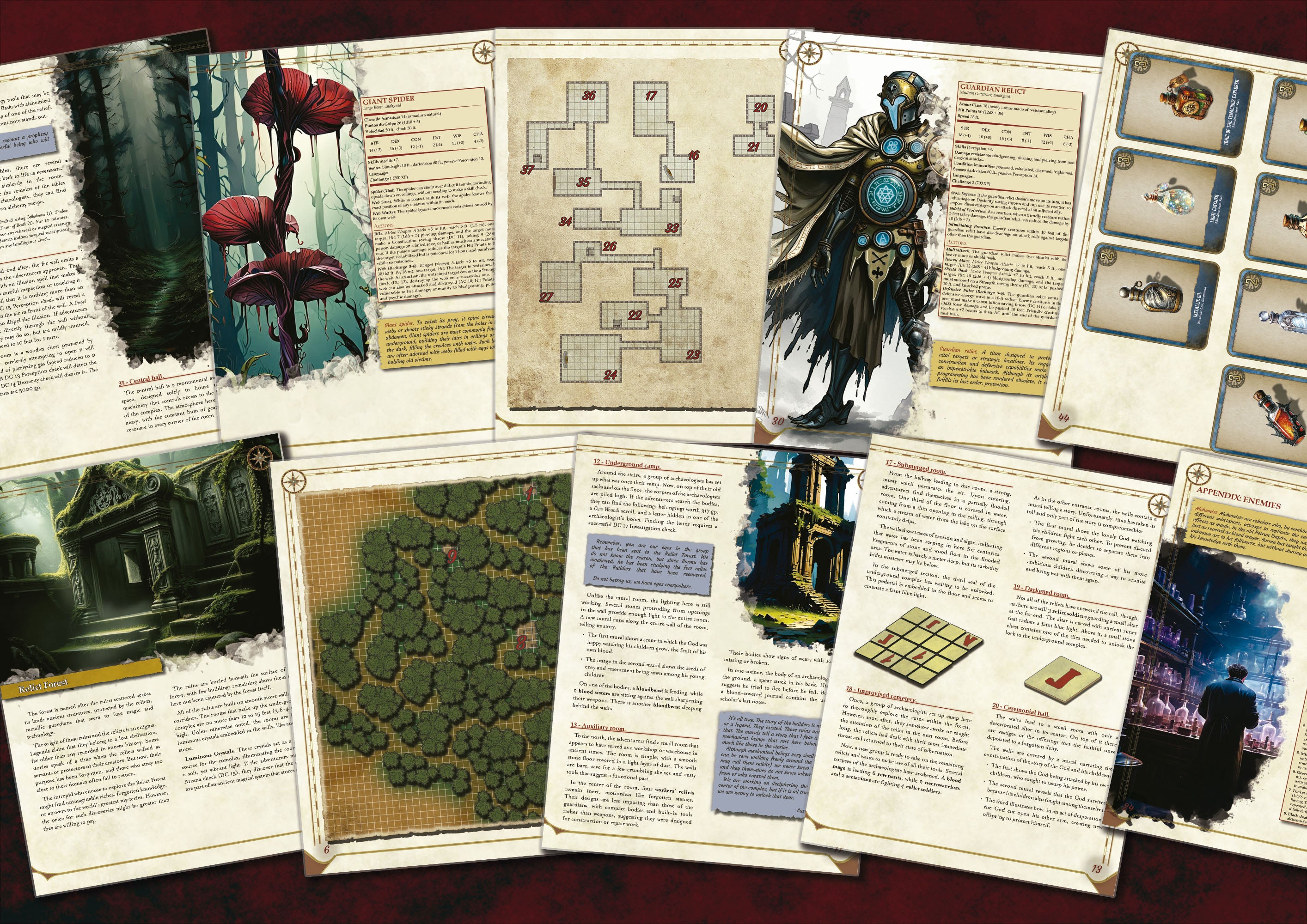 Manuales y mapas de fantasia para juego de rol de Cibola Designs con ilustraciones personajes y fichas de aventura
