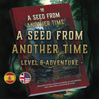 Producto digital de Cibola Designs portada de aventura 5E A Seed From Another Time con bosque y banderas espanol e ingles