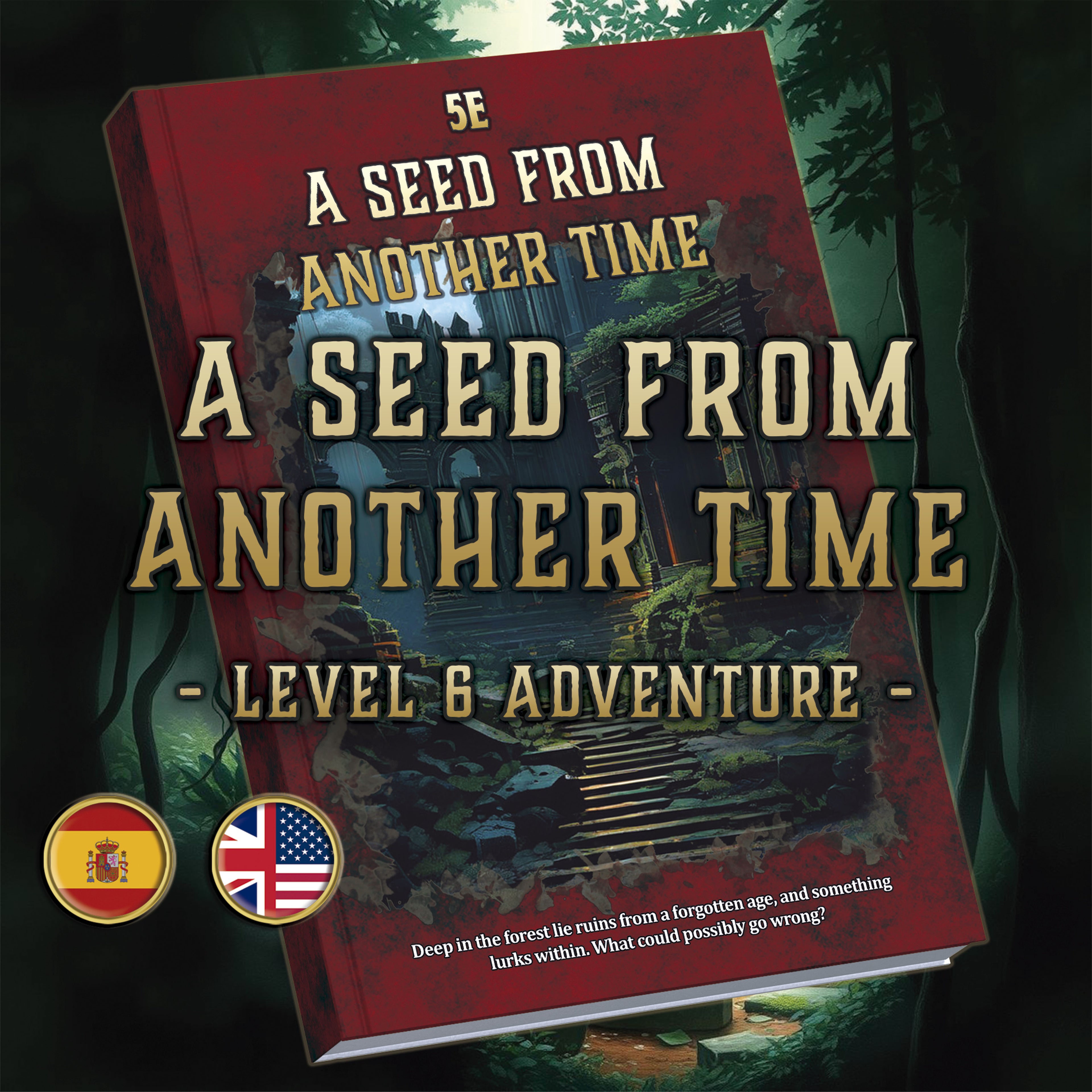 Producto digital de Cibola Designs portada de aventura 5E A Seed From Another Time con bosque y banderas espanol e ingles
