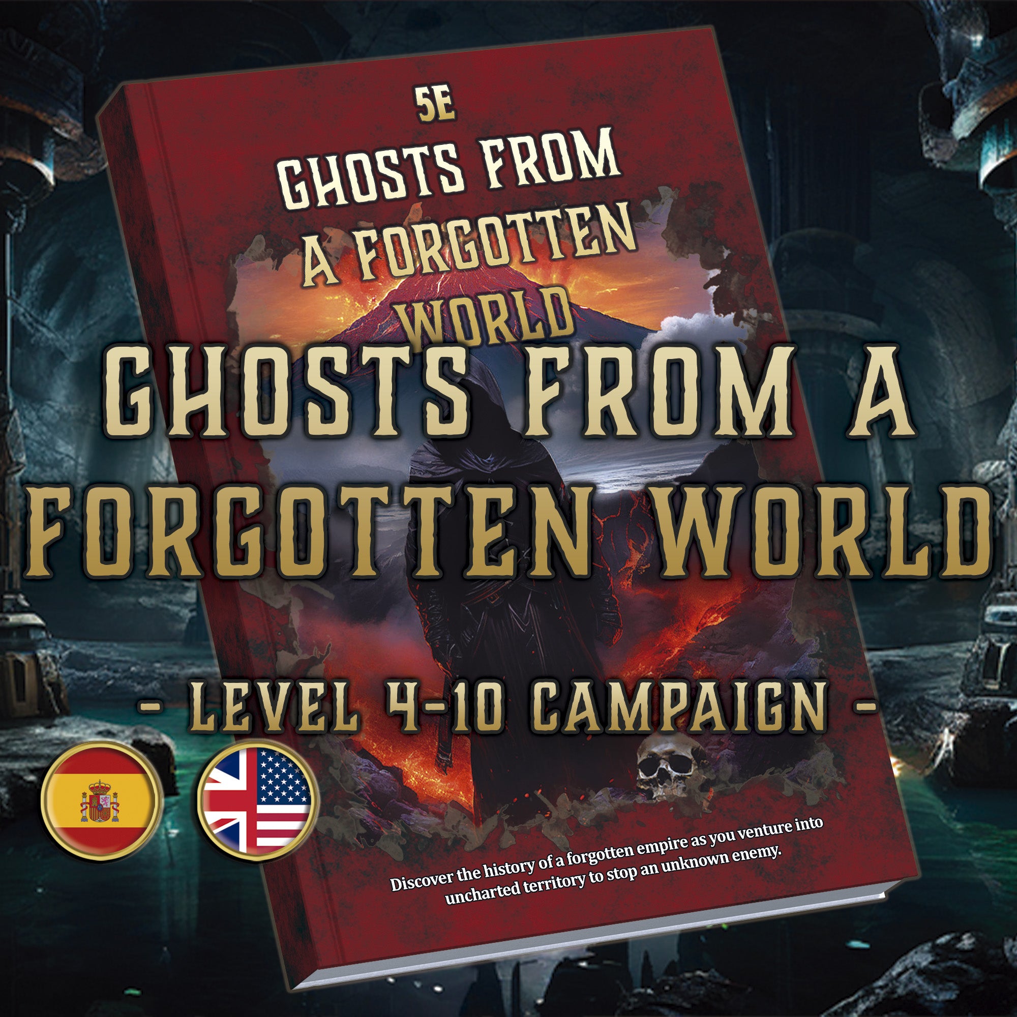 Portada de producto digital de Cibola Designs para campaña de rol 5E niveles 4 a 10 mostrando Fantasmas de un Mundo Olvidado