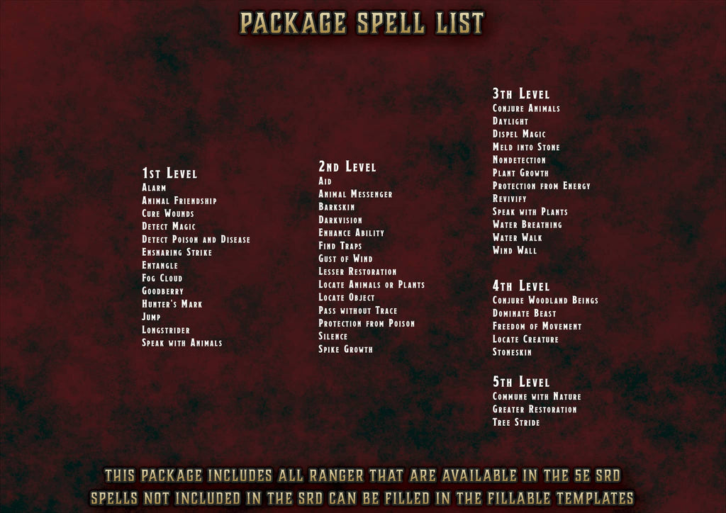 D&D 5E Ranger Spell Cards (2014 & 2024) | Digital Download