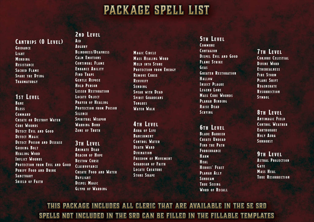 D&D 5E Cleric Spell Cards (2014 & 2024) | Digital Download