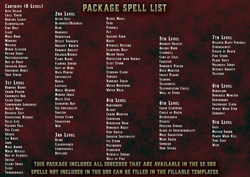 D&D 5E Sorcerer Spell Cards (2014 & 2024) | Digital Download