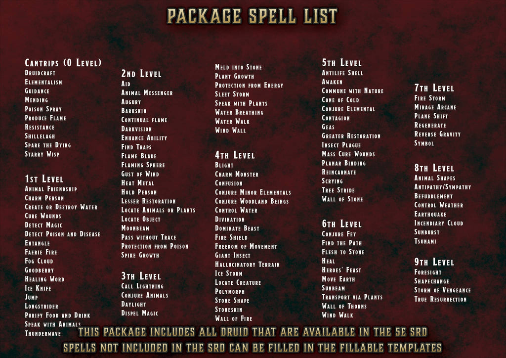 D&D 5E Druid Spell Cards (2014 & 2024) | Digital Download