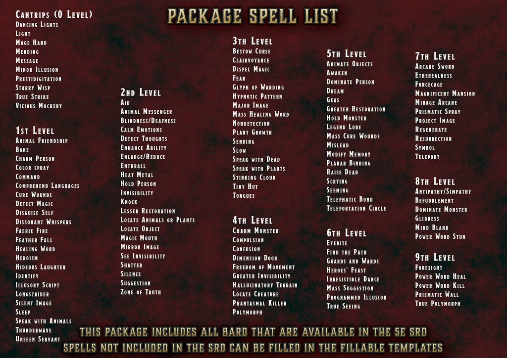 D&D 5E Bard Spell Cards (2014 & 2024) | Digital Download