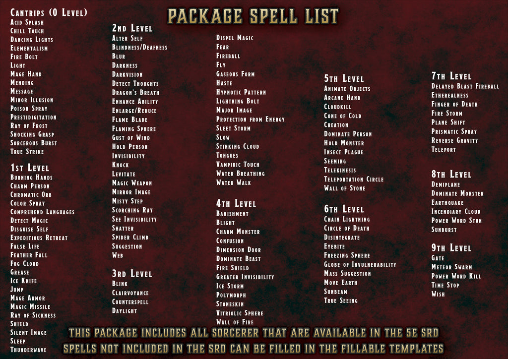 DnD Sorcerer Illustrated Spell Cards 5E (2014 & 2024) - Digital Printable