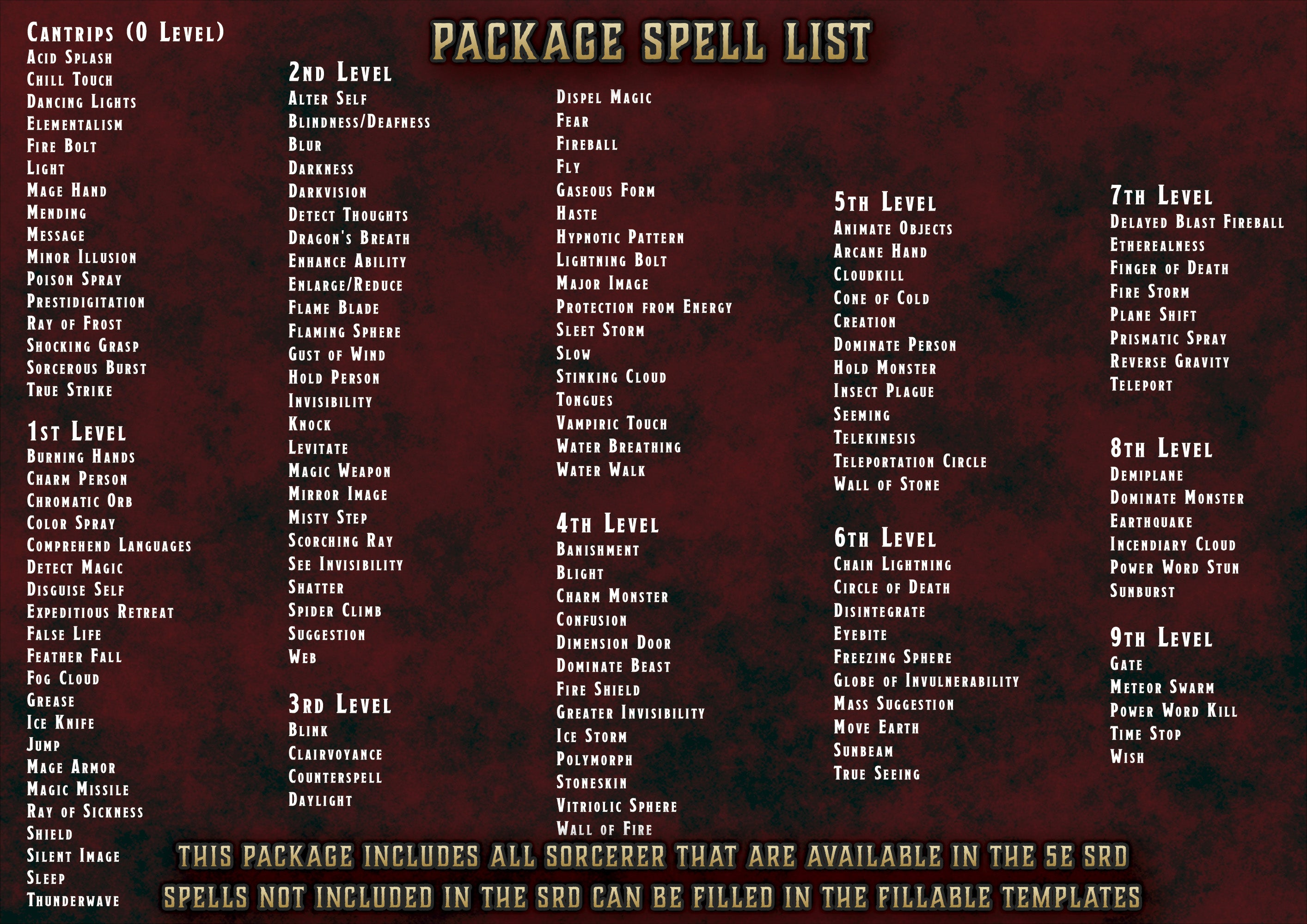 DnD Sorcerer Illustrated Spell Cards 5E (2014 & 2024) - Digital Printable