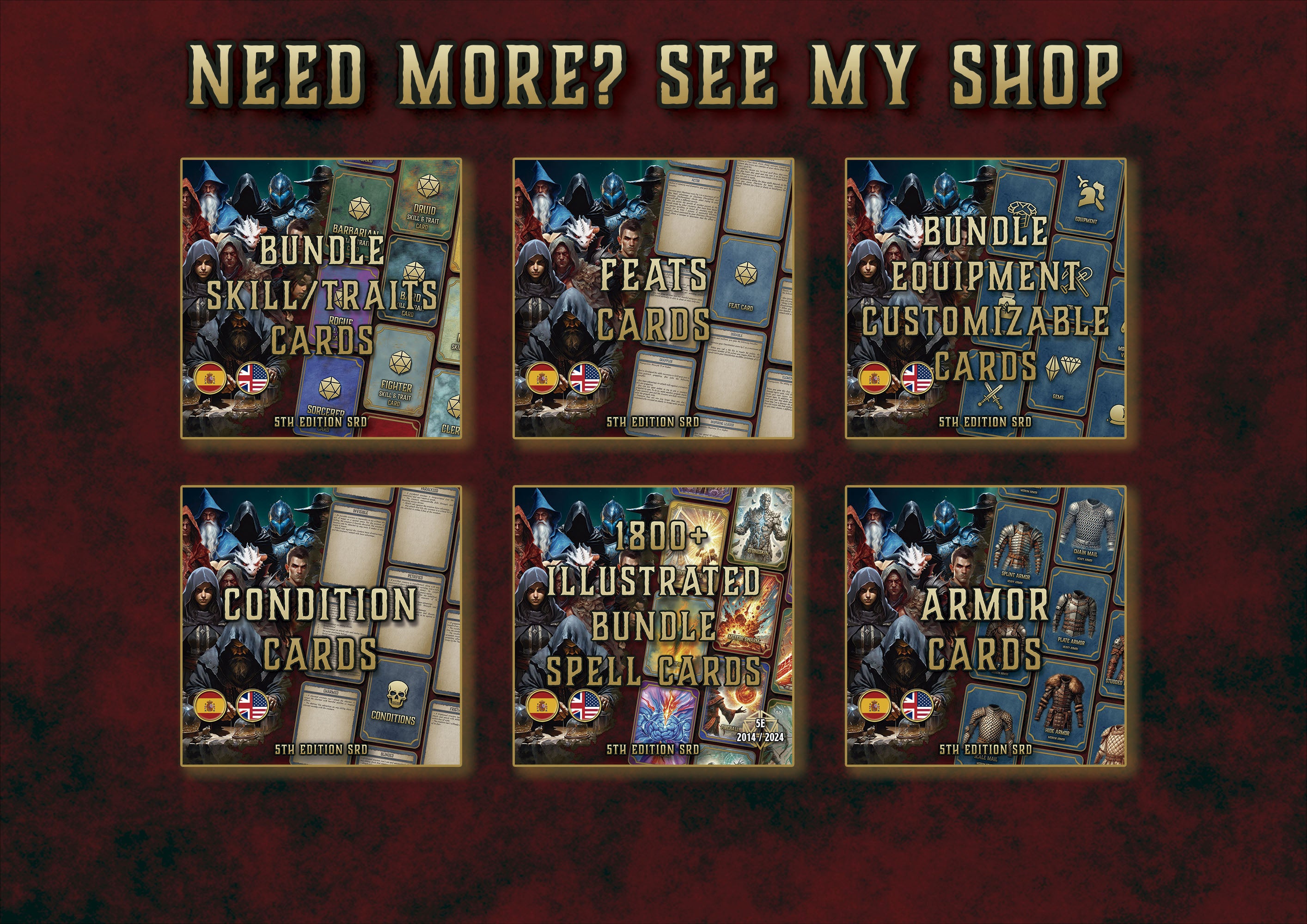 Producto digital Cibola Designs paquete de seis sets de cartas RPG ilustradas para habilidades equipo hechizos condiciones