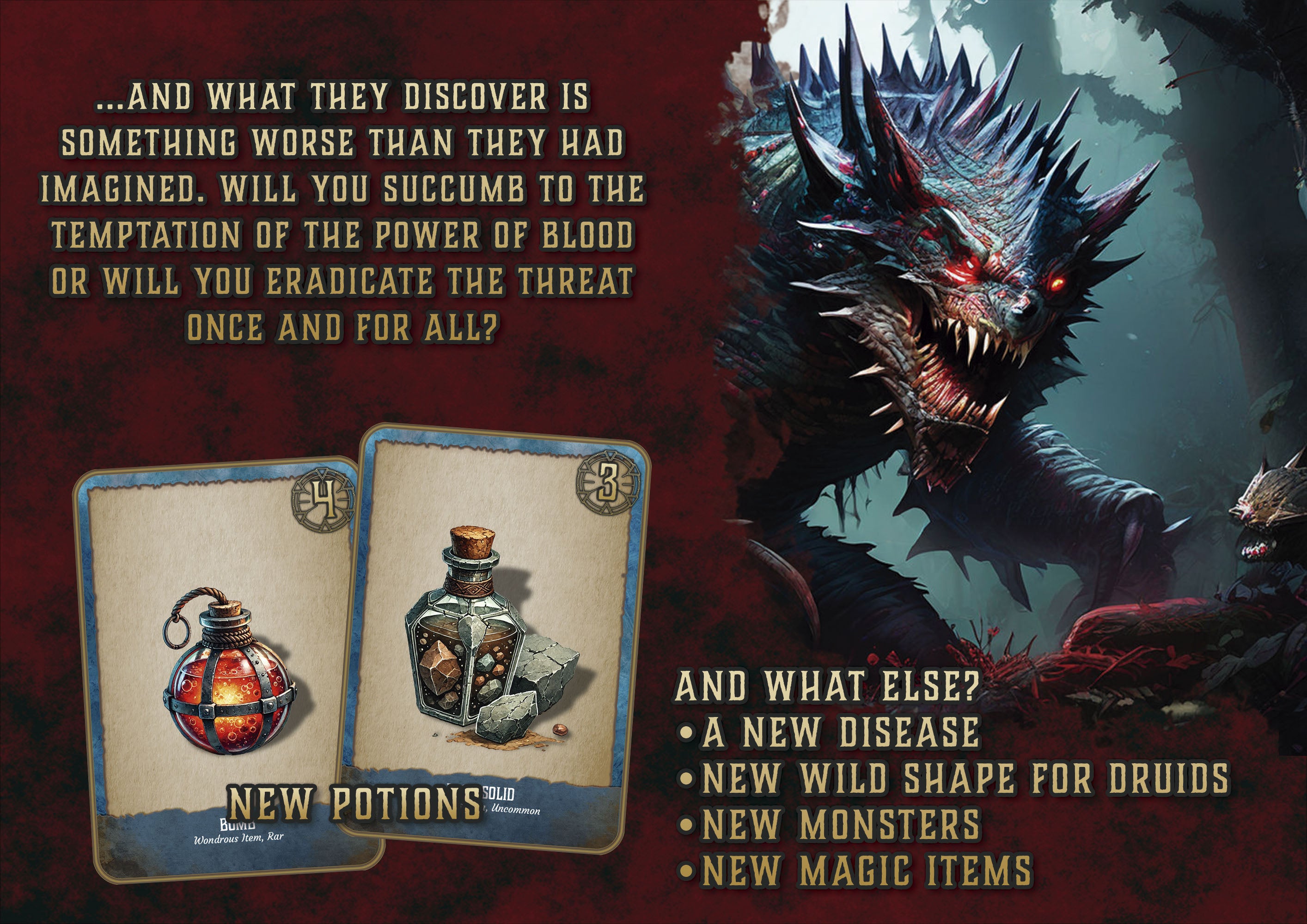 Portada digital de Cibola Designs con monstruo lobo oscuro y cartas de pociones para aventura fantastica