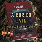 Producto digital A Buried Evil de Cibola Designs portada de aventura nivel 6 con iconos de idiomas