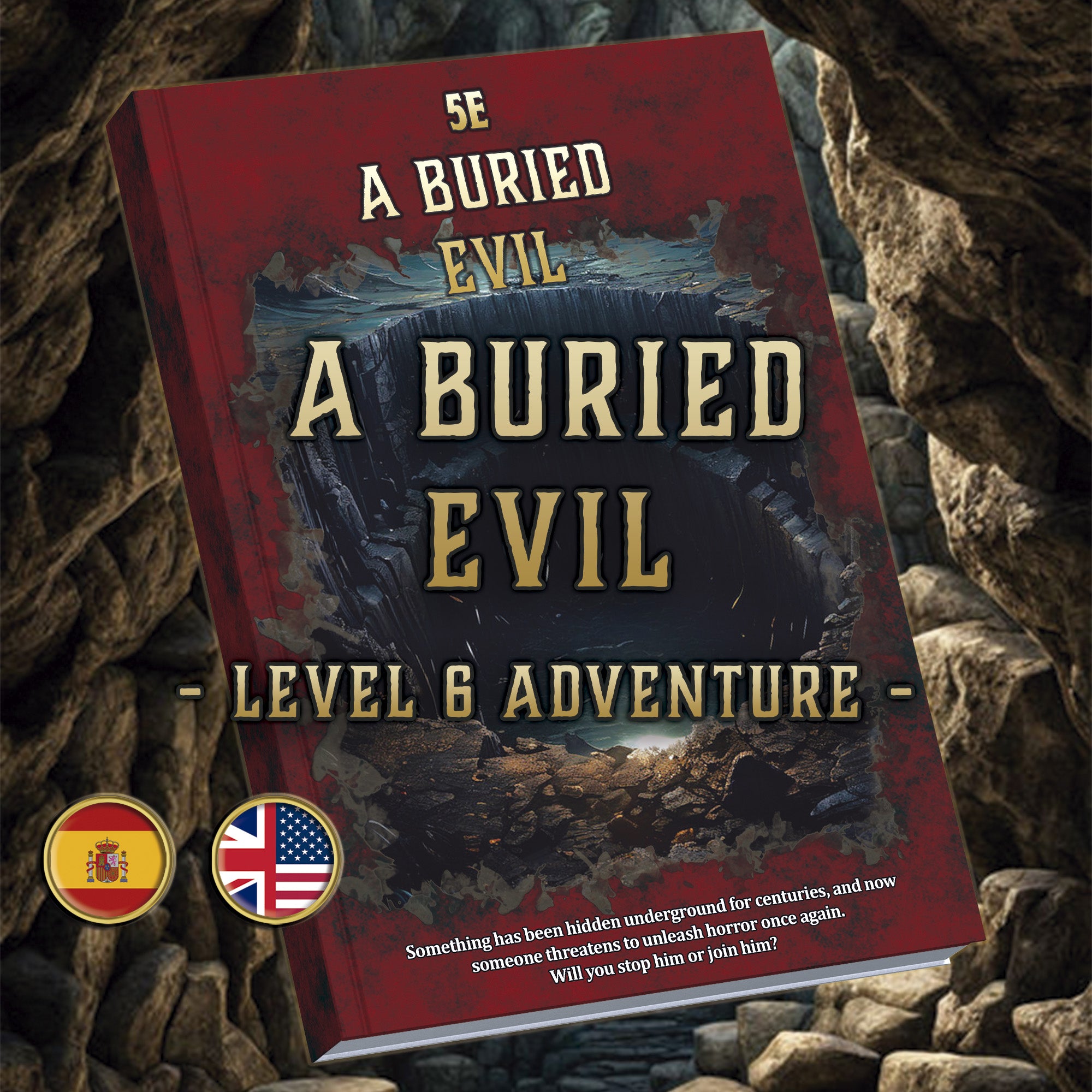 Producto digital A Buried Evil de Cibola Designs portada de aventura nivel 6 con iconos de idiomas