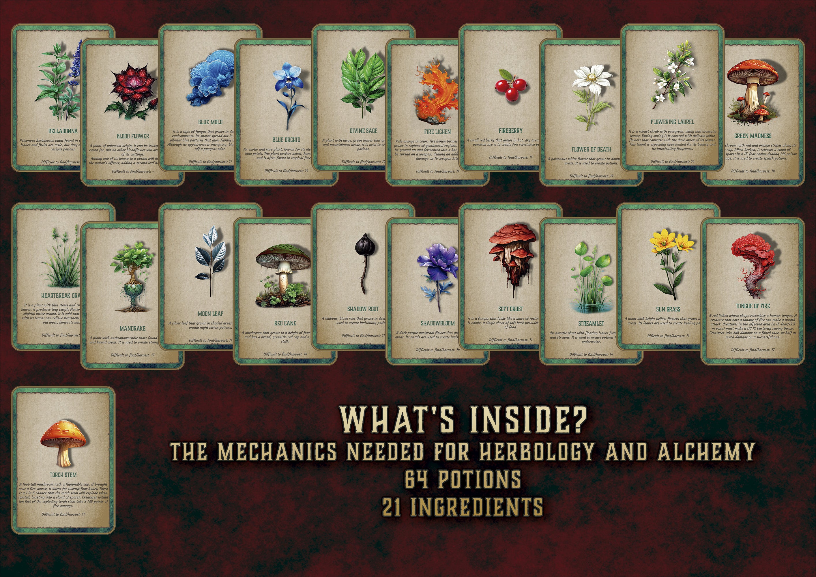 Producto digital de Cibola Designs tarjetas ilustradas de herbologia y alquimia con 21 ingredientes y 64 pociones