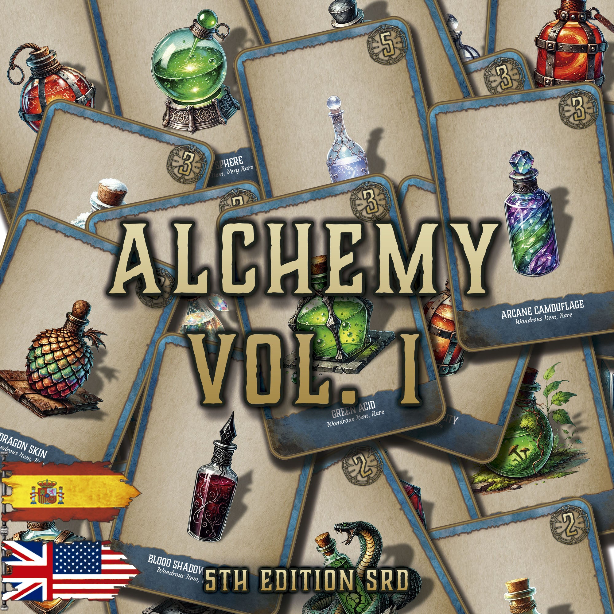 Portada de producto digital Cibola Designs con cartas y viales ilustrados de alquimia Vol 1 5th Edition SRD