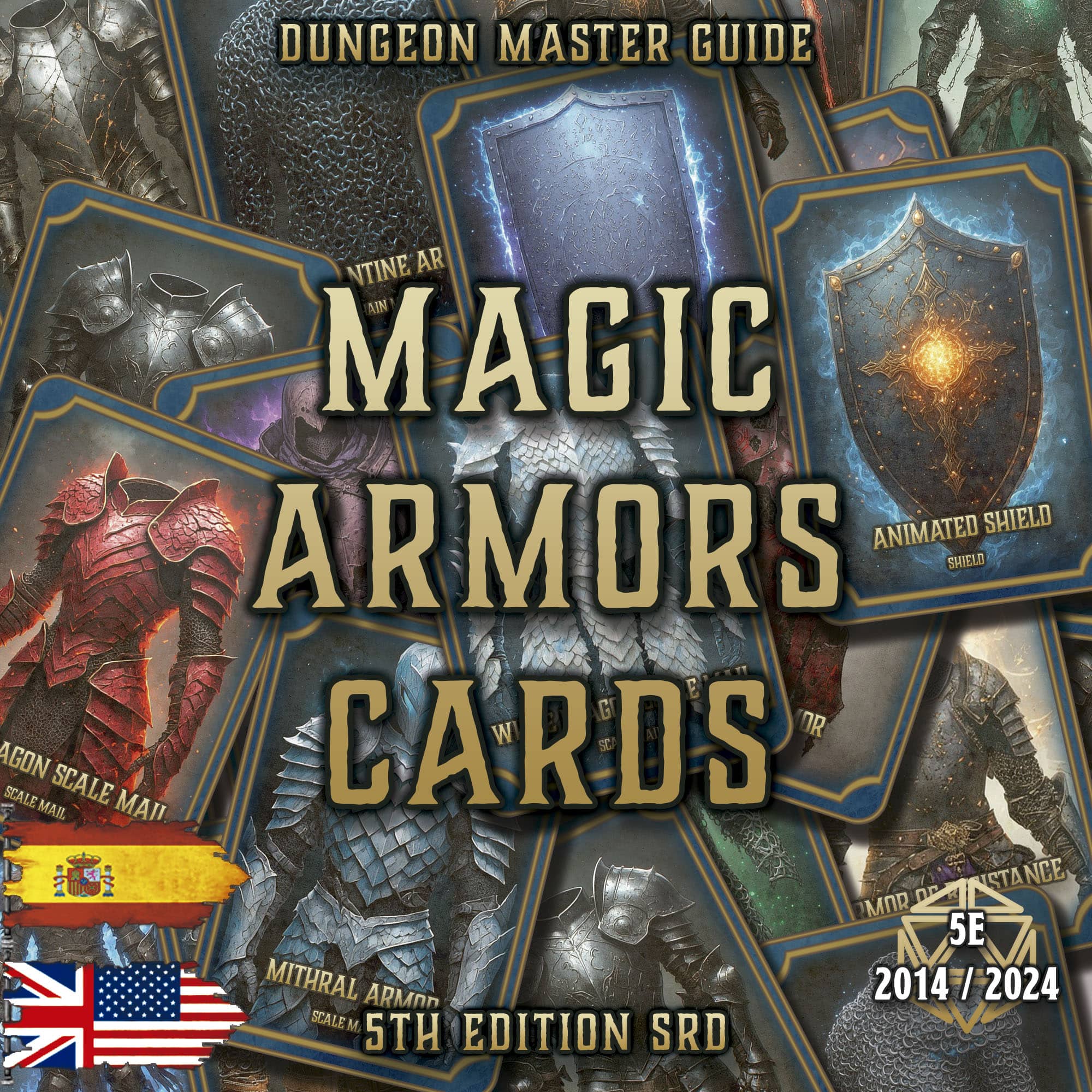Producto digital Armaduras Mágicas D&D 5E 2024 con cartas ilustrativas de armaduras mágicas