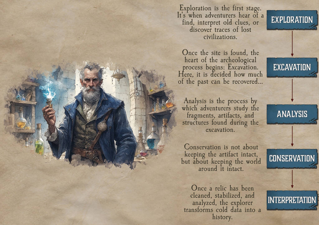Infografía sobre Arqueología con un experto explicando los pasos desde la exploración hasta la interpretación