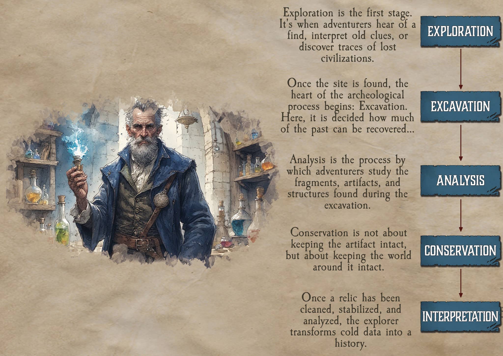 Infografía sobre Arqueología con un experto explicando los pasos desde la exploración hasta la interpretación