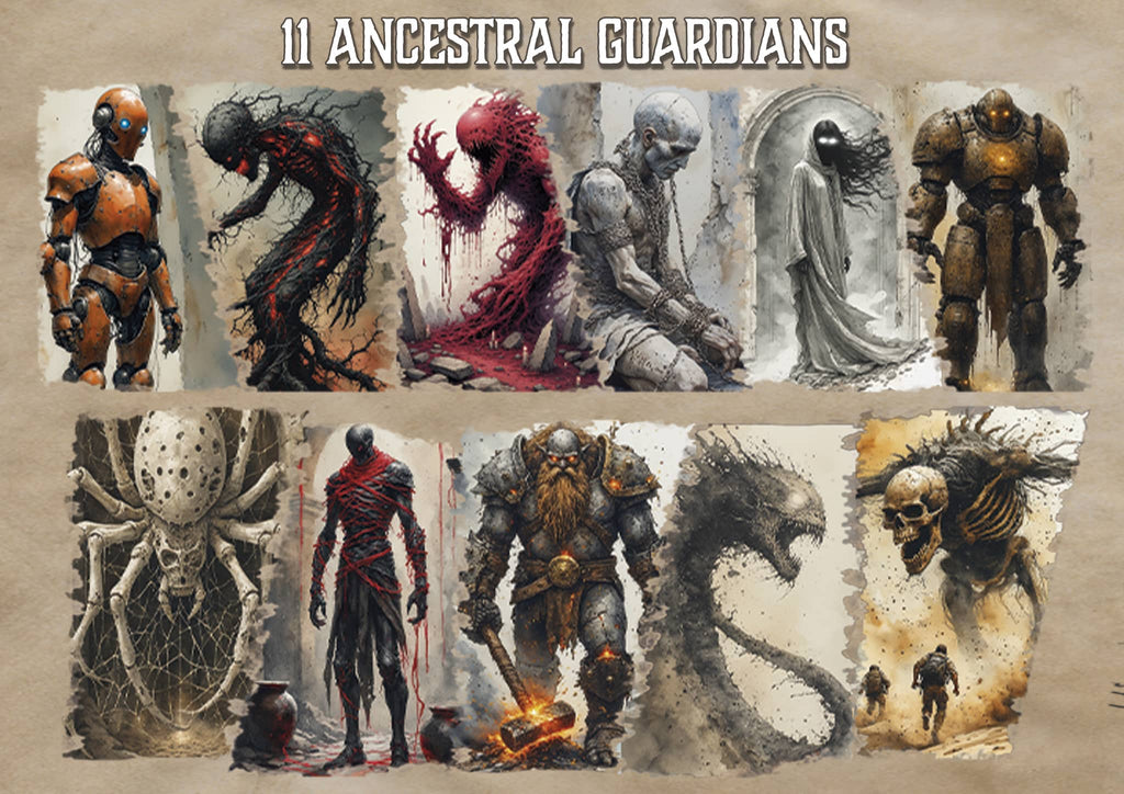 Arte digital de 11 Guardianes Ancestrales inspirados en la arqueología y el misterio antiguo