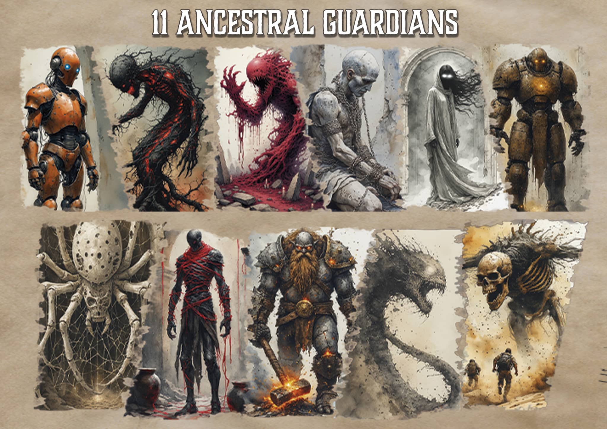 Arte digital de 11 Guardianes Ancestrales inspirados en la arqueología y el misterio antiguo