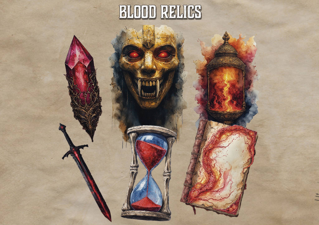 Ilustraciones de reliquias de sangre con elementos de arqueología como una espada y un cráneo dorado