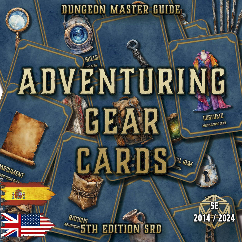 Tarjetas de Equipo de Aventureros para juegos de rol, incluyendo diversos objetos y accesorios